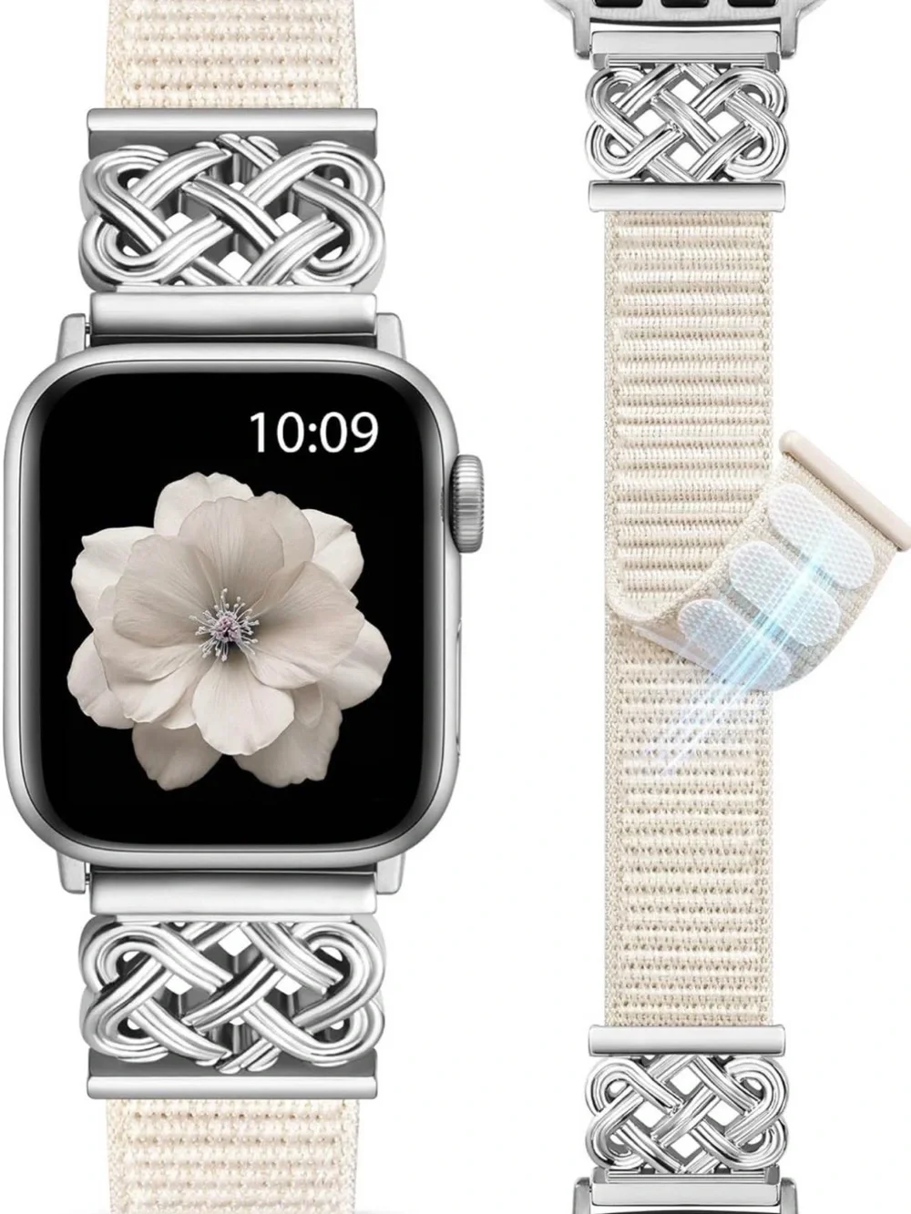 Premium Cream Nylon Loop Watch Band with Silver Celtic Links - 41/44mm